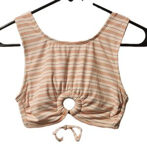 Exhilaration White & Orange Striped Swim Top W/ Keyhole And Lace-up Back, M